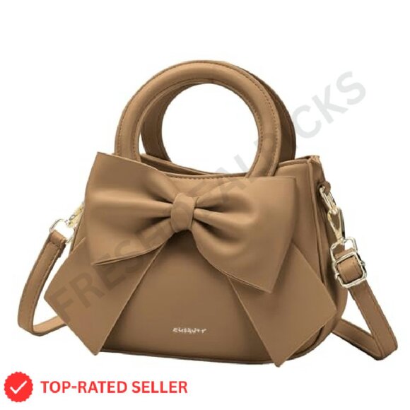 Vegan Leather Crossbody Bag Cute Bow Knot Chic Elegant Adjustable Strap - Picture 2 of 8